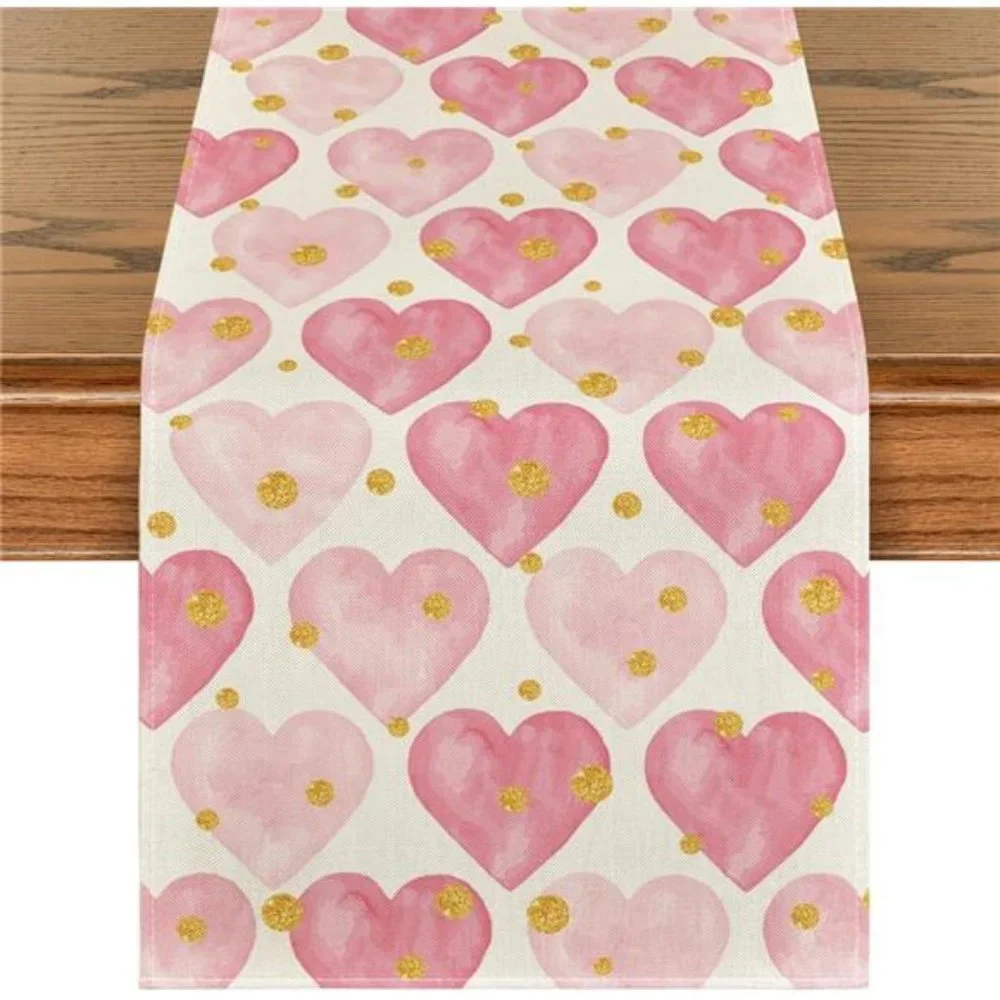Valentines Day Table Runner Pink Heart Dining Cloth Cottage Wedding Party Decor